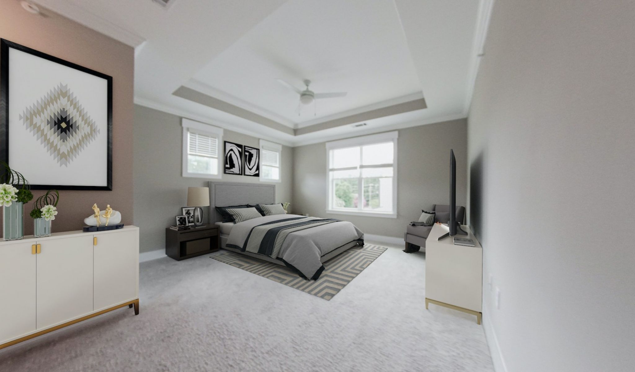 Townhomes at Bridlestone master bedroom with high ceilings, large windows, and generous space